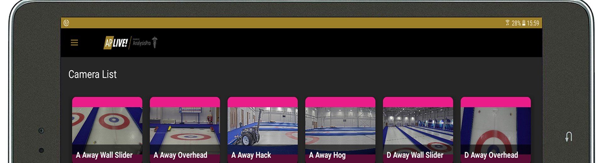 Partial view of the AP Live application, running on a tablet, showing six of the sixteen available cameras which are trained on the ice at the GB Curling Academy.